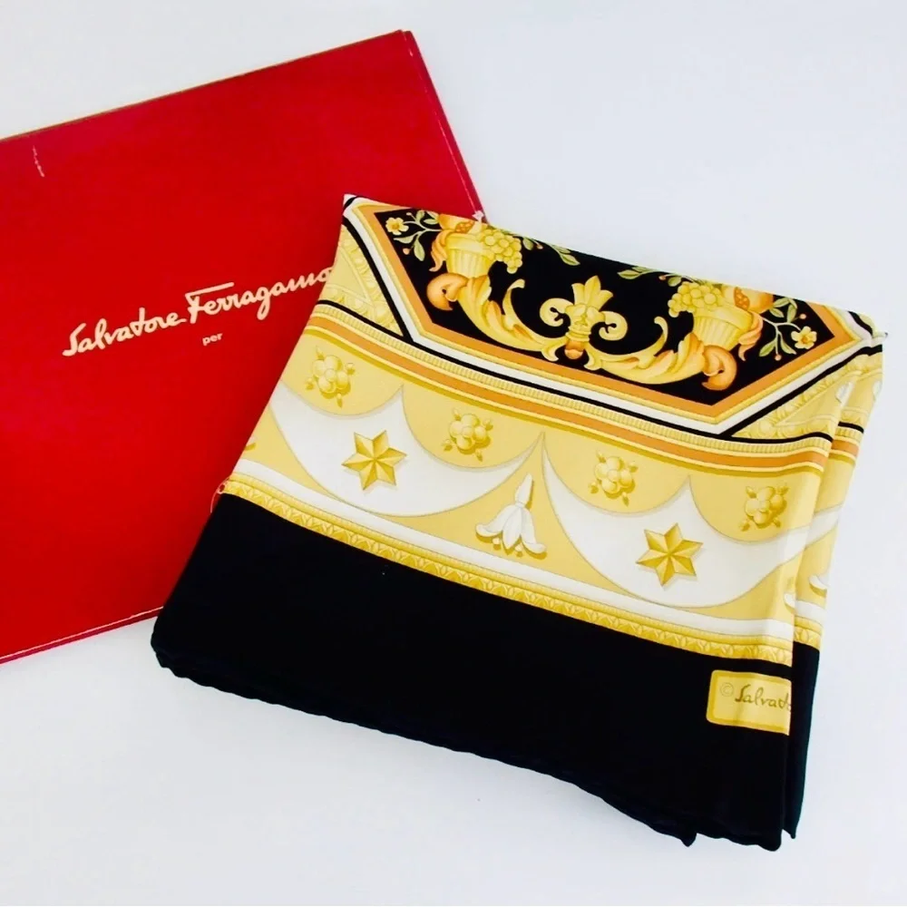 Salvatore Ferragamo Vintage Silk Scarf Baroque Floral Black Gold Print with Box